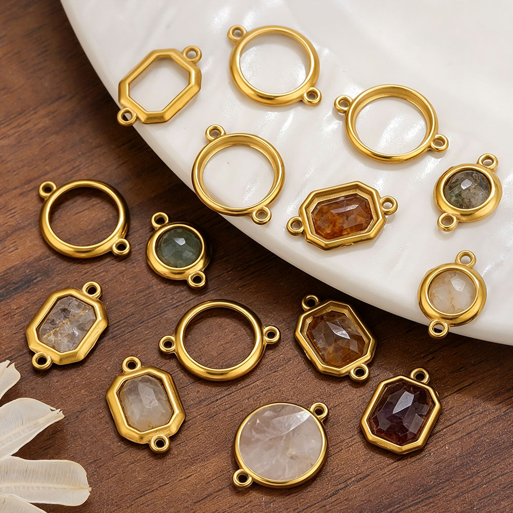 10個入り ステンレス製 中空ダブルホール サークルチャーム - Bezels Set Pendant のレビューと価格