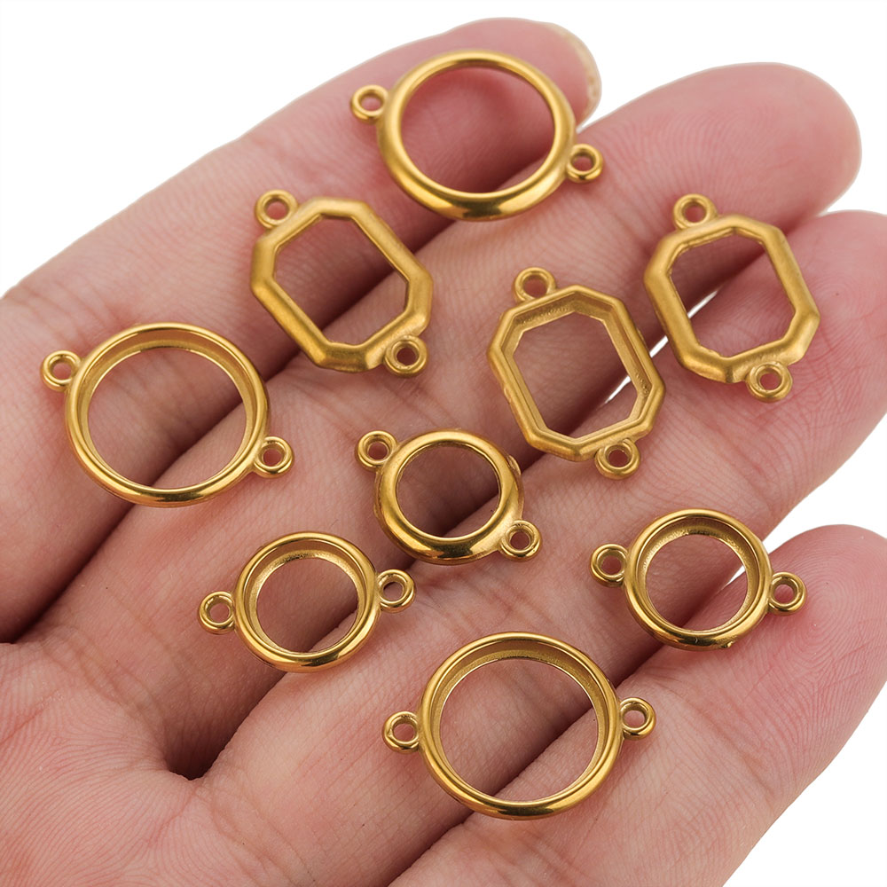 10個入り ステンレス製 中空ダブルホール サークルチャーム - Bezels Set Pendant のレビューと価格